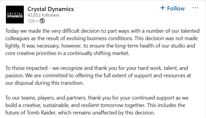 Statement from Crystal Dynamics