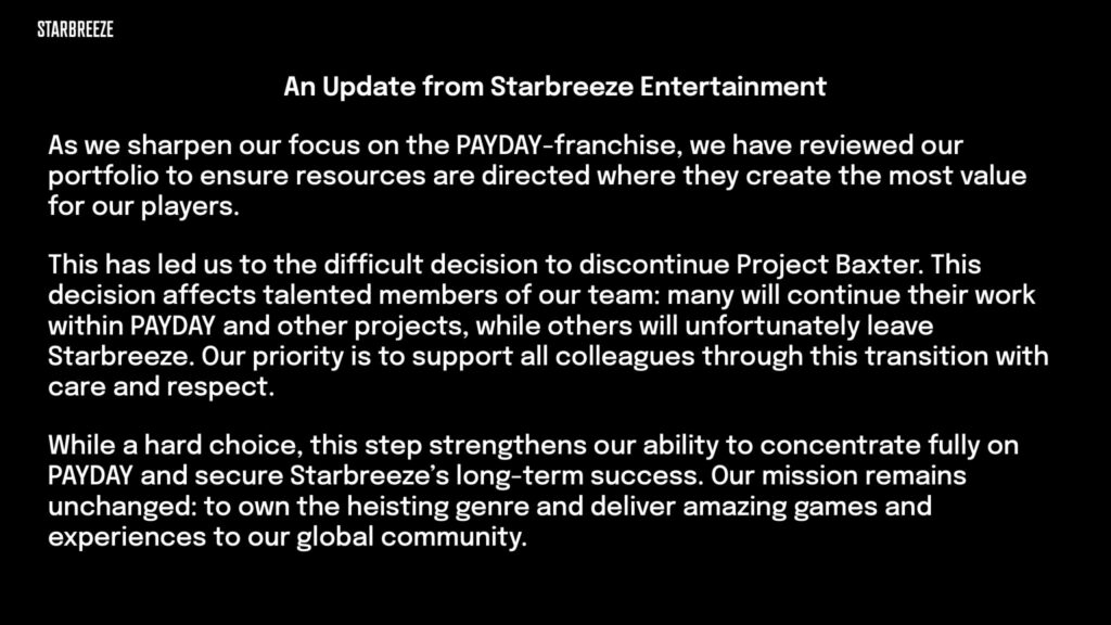 An Update from Starbreeze Entertainment