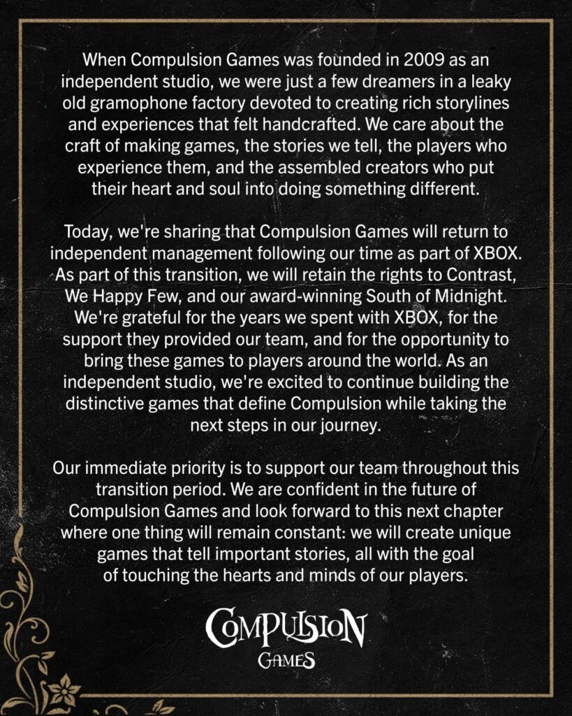 Compulsion Games statement post XBOX