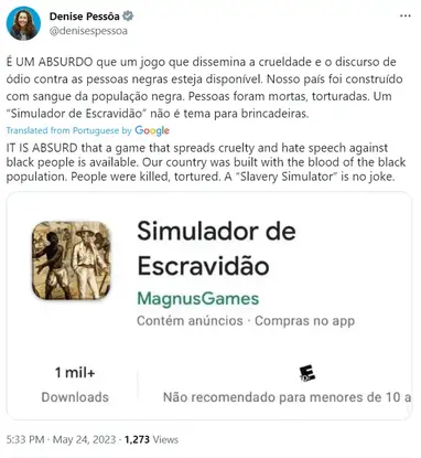 Brazilian Slavery Simulator game removed by Google