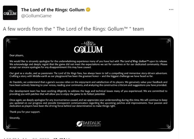 The Lord of the Rings: Gollum developers apologise after major