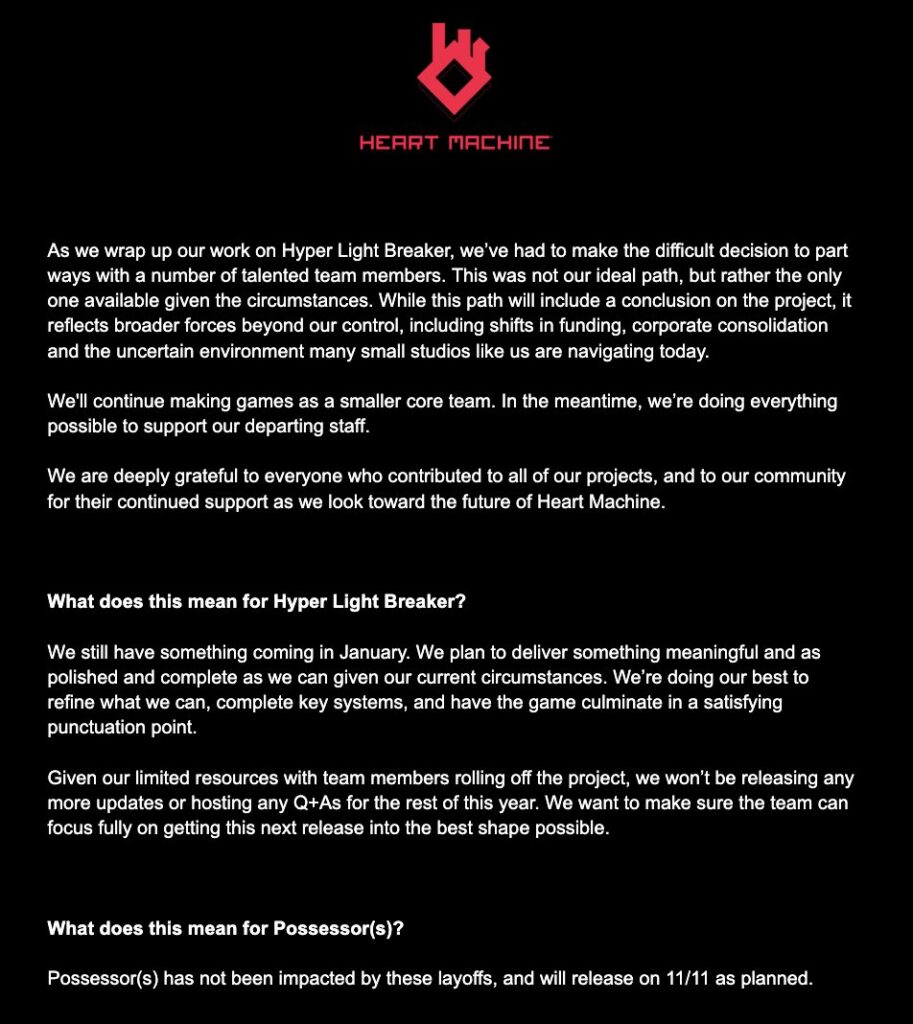 Heart Machine official statement